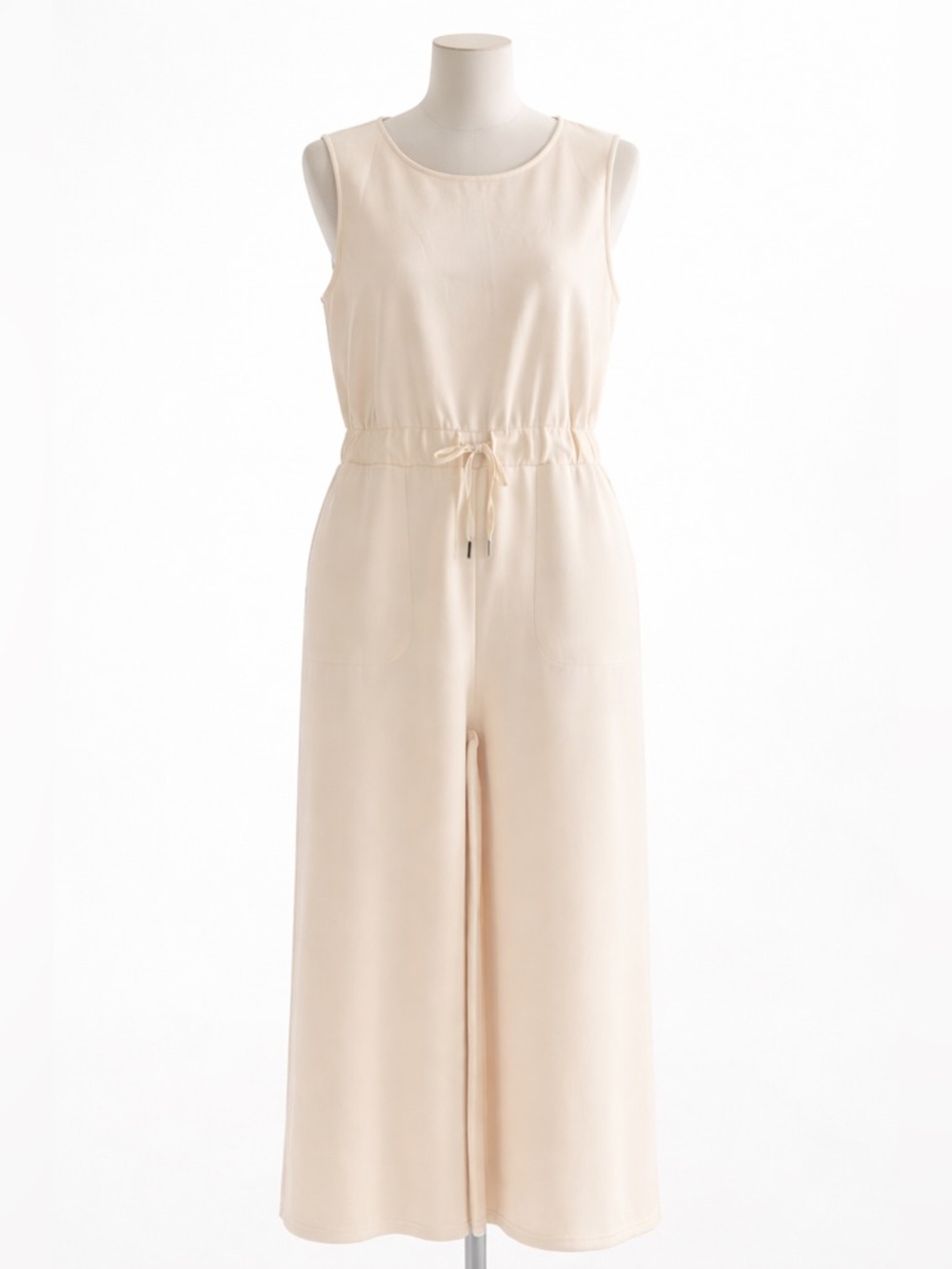 Sleeveless Cream Drawstring Wide-Leg Jumpsuit